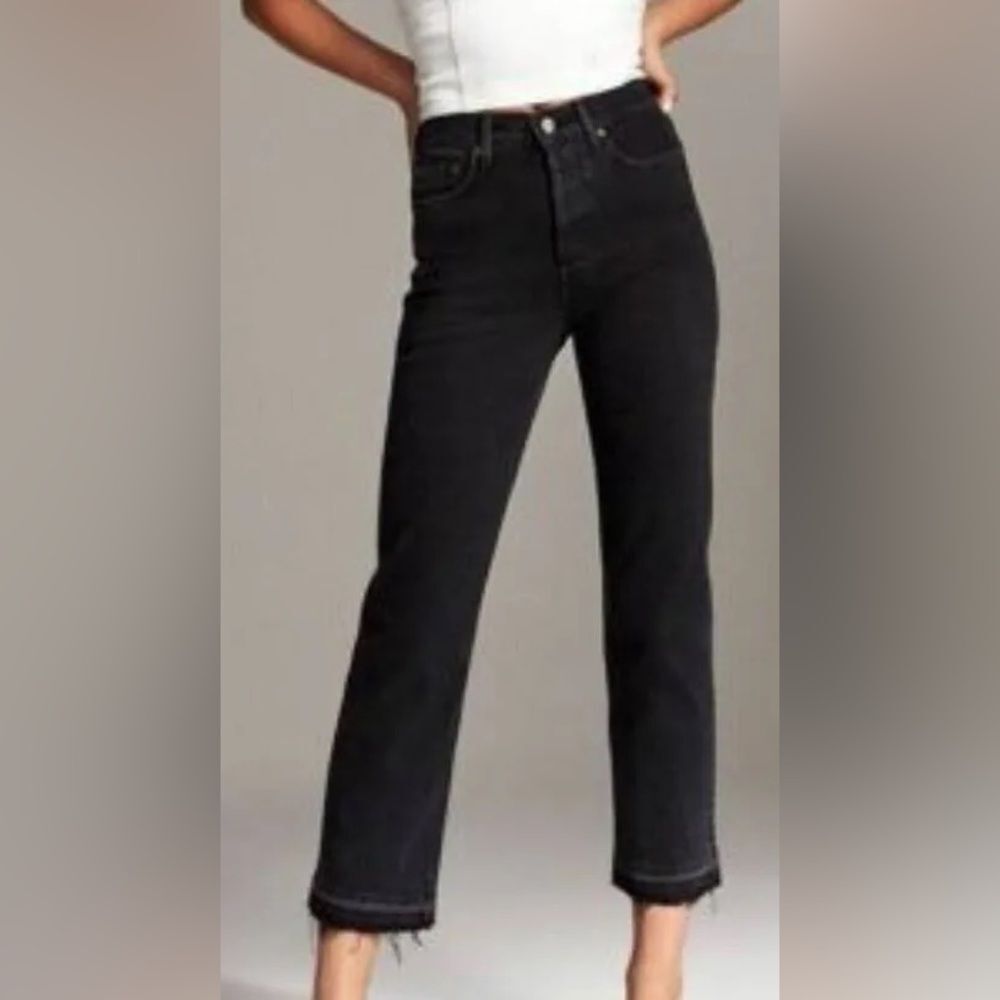 Denim Forum The Arlo Hi-Rise Faded Black Frayed Hem Straight Jean Size 25